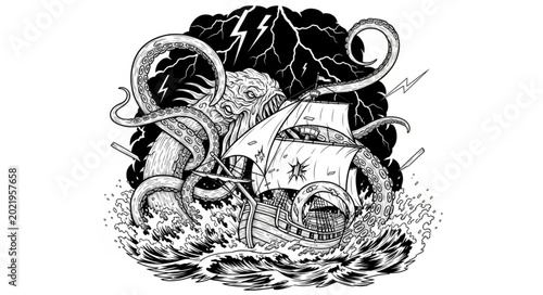 Foto Giant Kraken Attacks Sailing Ship During Stormy Sea Voyage.