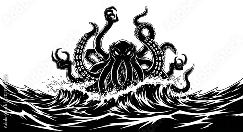Canvastavla Giant Kraken Monster Emerging From Stormy Seas.