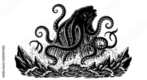 Fotografia Giant Kraken Monster Emerging From The Ocean Waves.