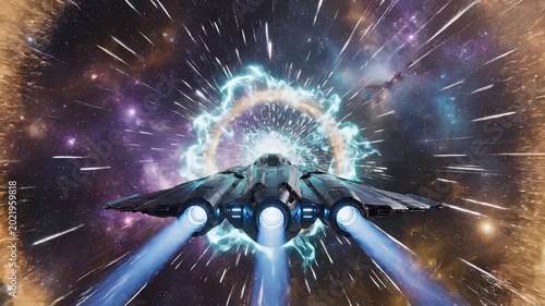 Futuristic Spaceship Traveling Through a Cosmic Wormhole.