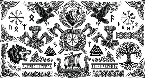 Quadro su tela Celtic knot scandinavian illustration set vintage thor hammer vegvisir compass r