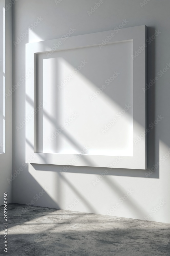 Fototapeta premium Blank White Modern Picture Frame on White Wall with Sunlight Shadows and Concrete Floor