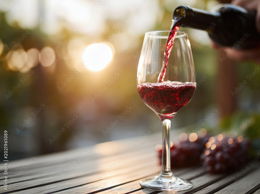 Obraz premium Pouring red wine into a glass at sunset with grapes on a wooden table