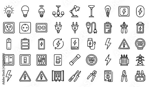 Foto Electrical line icon vector set with electric bulb socket and power symbols
