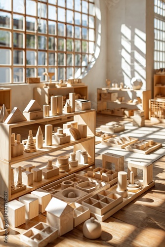 Montessori classroom filled with natural wooden educational toys and blocks bathed in sunlight