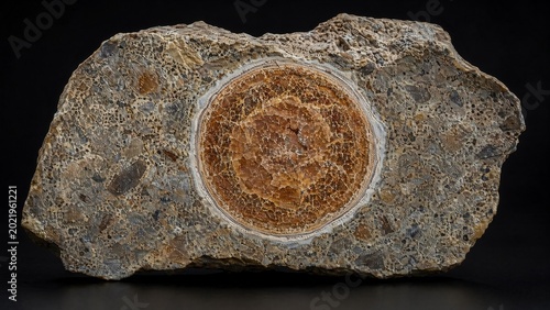 Cross-section of rough stone with a distinct round concretion embedded.