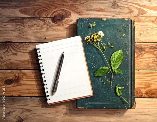 A notebook and pen on a wooden table with a green book and plant