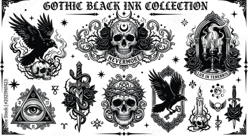 Photos Dark fantasy engraving illustration set ornate human skull structures occult dag