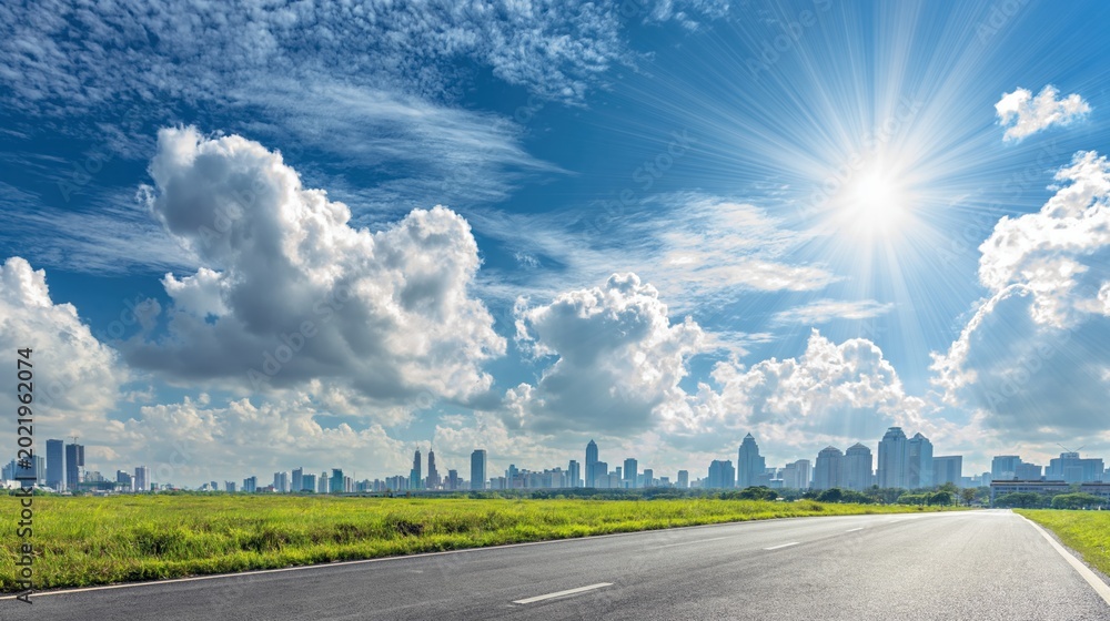Obraz premium Expansive open road leading towards a modern city skyline under a bright, sunny sky with fluffy clouds