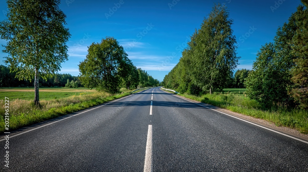 Fototapeta premium Empty Asphalt Highway Leading Through Lush Green Countryside Under a Bright Blue Sky
