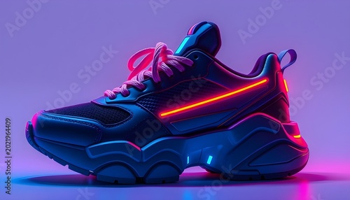 Cyberpunk-inspired futuristic sneakers, neon accents, clean brand-free design, no text, minimal background, dramatic lighting, high contrast