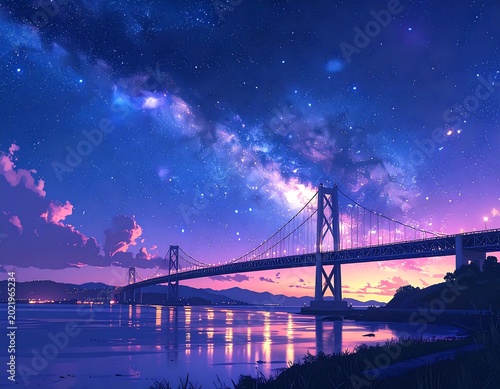 A serene bridge spans a calm body of water under a starry night sky