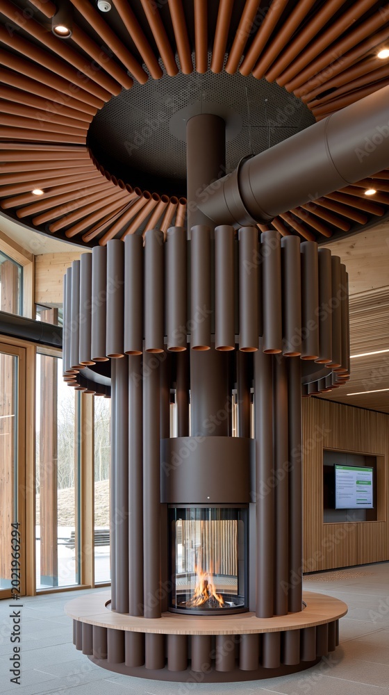 Fototapeta premium Modern Circular Fireplace with Industrial Design and Wood Accents in Contemporary Interior Space