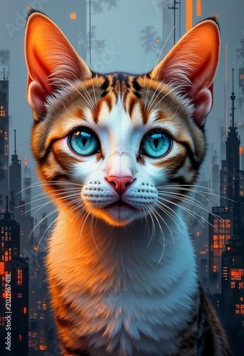 An image of a cat against the backdrop of a night or evening metropolis