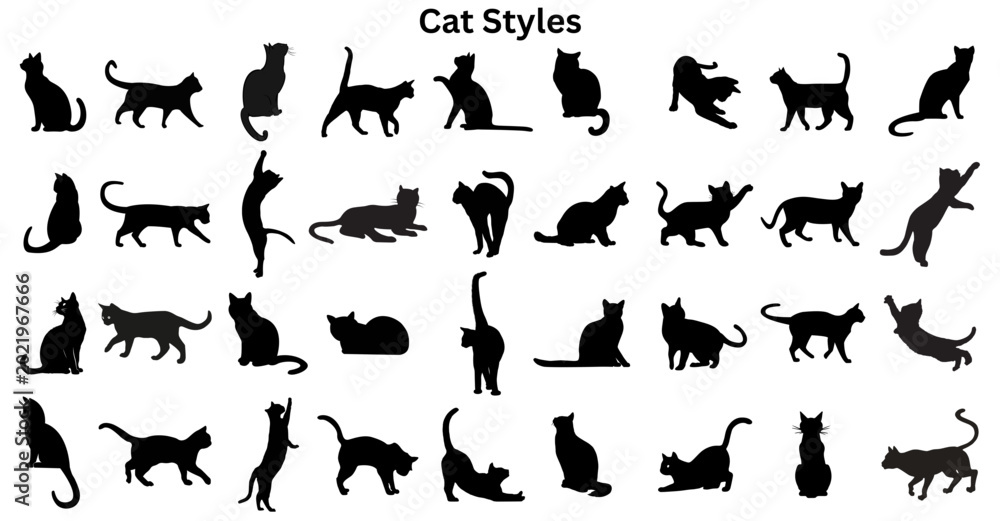 Obraz premium Black Cat Silhouette Multiple Poses Actions Icons Bundle (Vector Set)