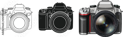 Tableau sur toile Collection of DSLR digital camera illustrations in outline silhouette and detail