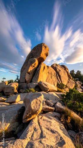 A serene desert landscape with large boulders under a blue sky