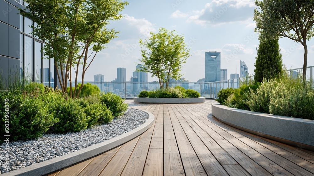 Fototapeta premium Modern Rooftop Garden with City Skyline View, Urban Oasis with Lush Greenery and Wooden Deck