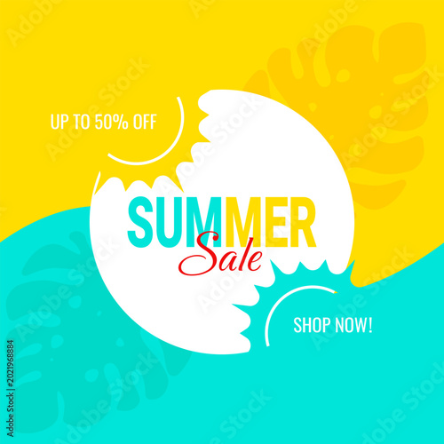 Summer sale. Color block background, monstera, sun, text. Banner for a seasonal advertising campaign. Vector.