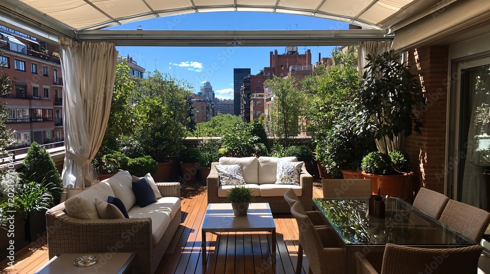Fototapeta premium Luxurious Urban Terrace Oasis with Comfortable Seating and Lush Greenery Overlooking Cityscape