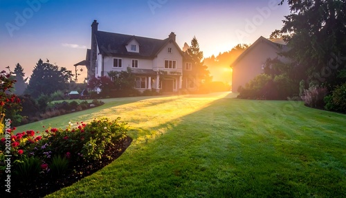 A large house on a well-manicured lawn at sunset