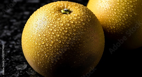 Fresh Yellow Grapefruit With Refreshing Water Droplets On Dark Textured Background