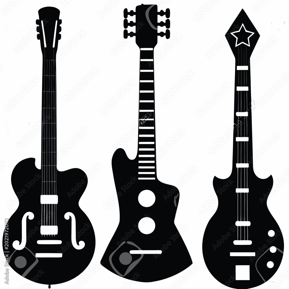 Obraz premium set of acoustic and electric guitar icons and musical instrument illustrations isolated on white background