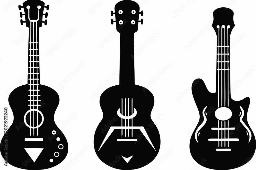 Obraz premium set of acoustic and electric guitar icons and musical instrument illustrations isolated on white background