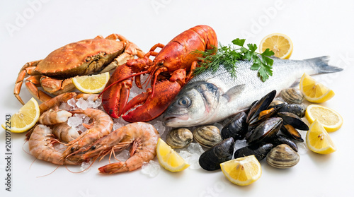 Fresh seafood assortment with fish, lobster, crab, shrimp, mussels, and clams on ice with lemon slices isolated on white background