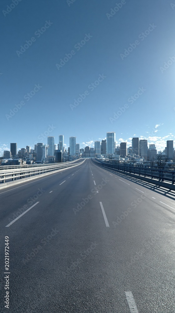 Fototapeta premium Expansive Highway Leading Towards a Modern City Skyline Under a Clear Blue Sky