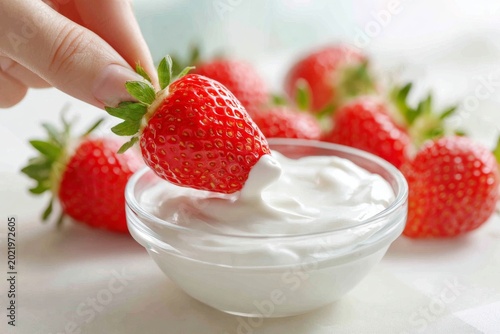 Fresh red strawberry being dipped into a bowl of thick white cream or yogurt
