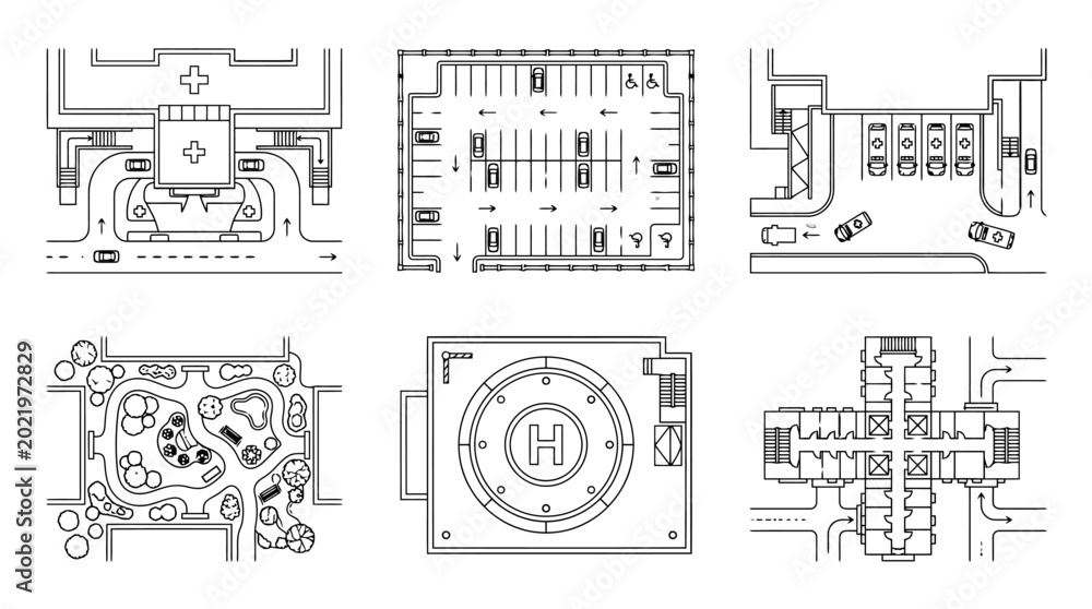 Fototapeta premium Outline Top View Set of architectural floor plans and technical engineering blueprints with white outlines