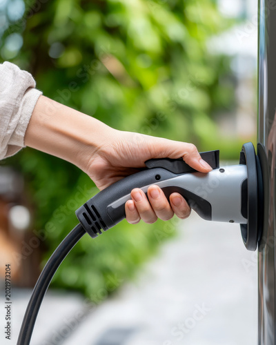 Hand Plugging Electric Vehicle Charger Into Home Charging Port