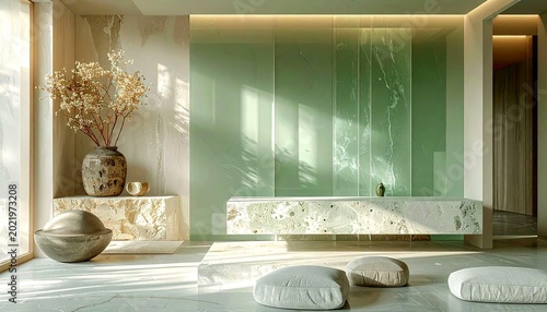 A minimal spa-inspired interior corner with translucent sage glass partitions