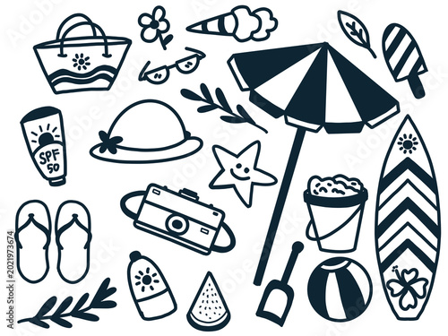 Foto Summer Beach Vacation Doodle Set with Surfboard, Umbrella, Sunscreen and Tropica
