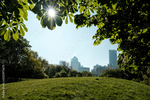 Sunburst over canary wharf skyline from park