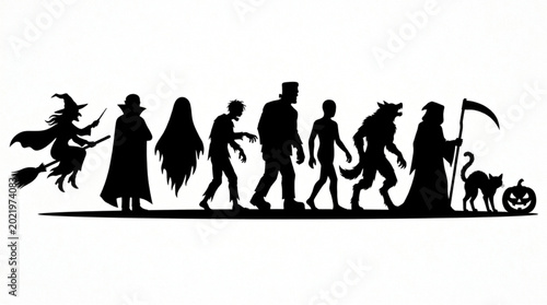 Tableau sur toile Halloween monsters and creatures silhouette parade.
