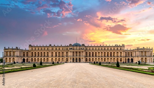 A majestic palace with symmetrical architecture at sunset