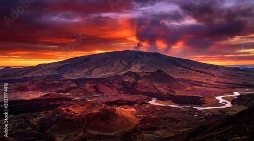 Dramatic Volcanic Landscape At Sunset With Fiery Sky And Winding River