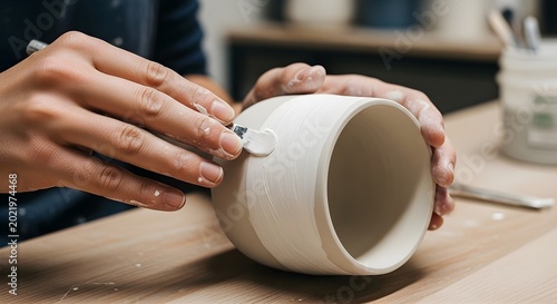 Hands Of Potter Glazing Unfinished Ceramic Pot With White Paint In Studio Workshop
