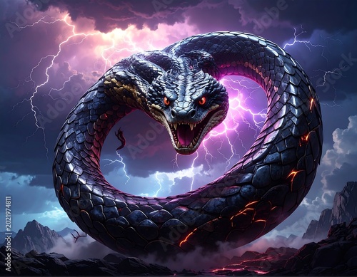 A menacing serpent coils with lightning storm background
