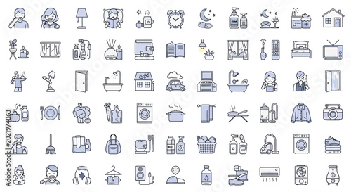 Quadro em tela Daily Life Icons: Morning Routine, Housework, Home Activities, and Comfort
