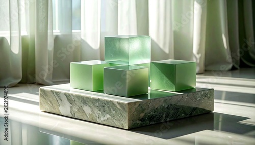 Muted sage green frosted acrylic blocks arranged on a smooth stone platform