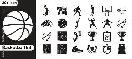 Basketball Kit Icon Set Minimal Silhouette Sports Player Coach Court Equipment and Game Strategy Icons Vector Pack basketball icon set, basketball silhouette icons, basketball vector icons, basketball