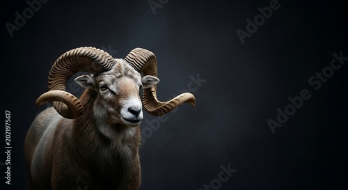 Ram With Large Horns Stands Against Dark Moody Backdrop Detailed Fur Texture And Intense Gaze