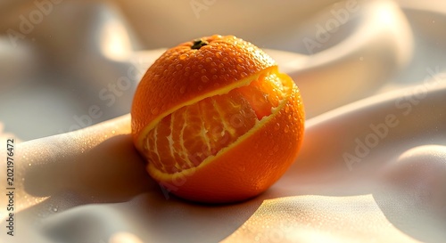 Fresh Partially Peeled Mandarin Orange With Water Droplets On Elegant Silk Fabric In Warm Light