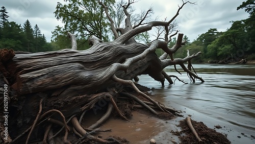 The roots of an uprooted tree on a muddy riverbank after a storm.