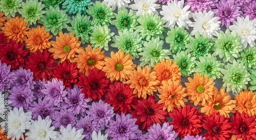 Vibrant Colorful Chrysanthemum Flowers Arranged in Rainbow Gradient Pattern for Background Texture