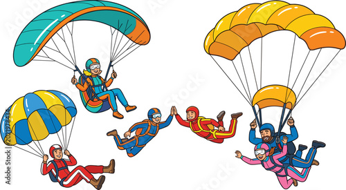 Tableau sur toile Skydiving and Paragliding Cartoon Character Set Featuring Skydivers Freefalling