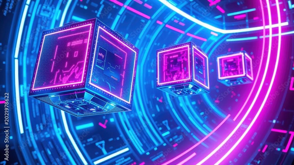 Fototapeta premium Futuristic cubes float within glowing neon tunnel. Complex circuitry visible inside each cube. Vibrant pinks, blues dominate scene.
